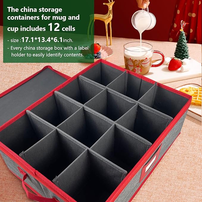 VERONLY Christmas Cup Mug Storage Box with Dividers, China Storage Case Hard Shell Stackable with Lid and Handles for 12 Coffee Mugs and Tea Cups (Grey and Red)
