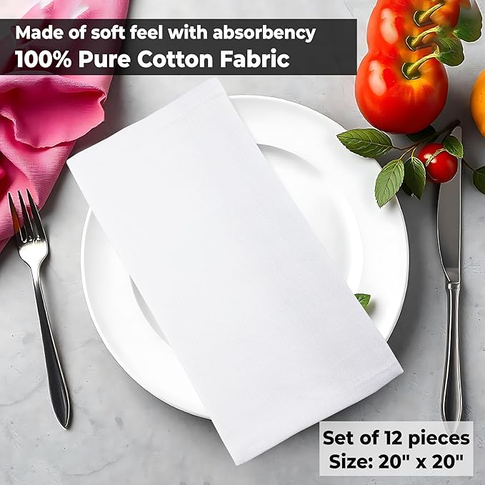 Urban Villa Cloth Napkins White Dinner Napkins Set of 10(20x20)100% Cotton Absorbent Washable Durable Reusable Cloth Napkins Ideal for Hotel Collection Farmhouse Party Thanksgiving Fall Dinner Napkins