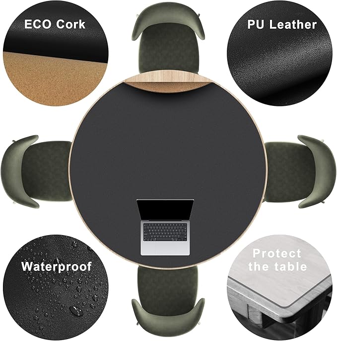 CENNBIE 54/51/47/43/40 Inches Round Table Mat - Cork Leather Placemats - Suitable as Side Dining Coffee Table Cover - Can Be Cut to Fit (Black)