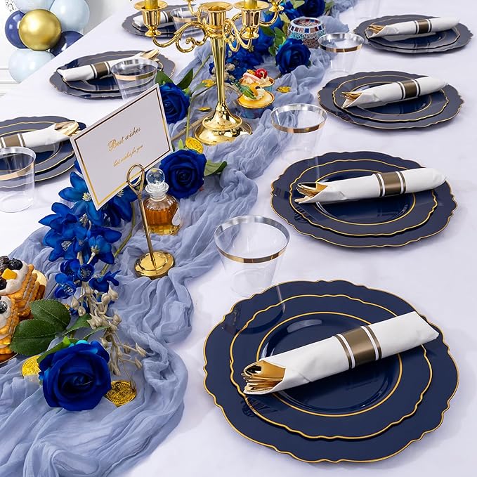 Liacere 350PCS Navy Blue Plastic Plates-Disposable Blue Gold Plates 50guest Plastic Dinnerware include 100Plates,50Pack Pre Rolled Napkins with Silverware 50Cups for Martin Luther King Jr