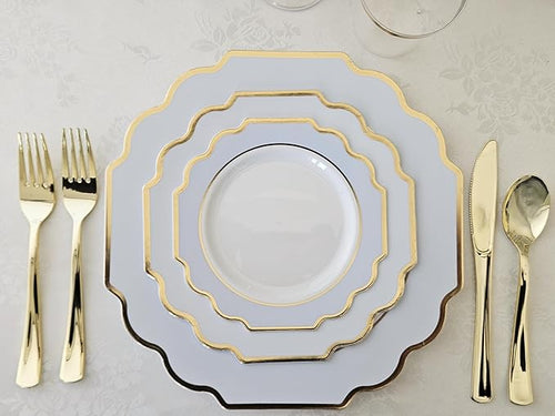 " OCCASIONS " 120 Plates Pack,(60 Guests) Heavyweight Wedding Party Disposable Plastic Plates Set -60 x 10.5'' Dinner + 60 x 8'' Salad/Dessert Plate (Imperial in White/Blue & Gold)