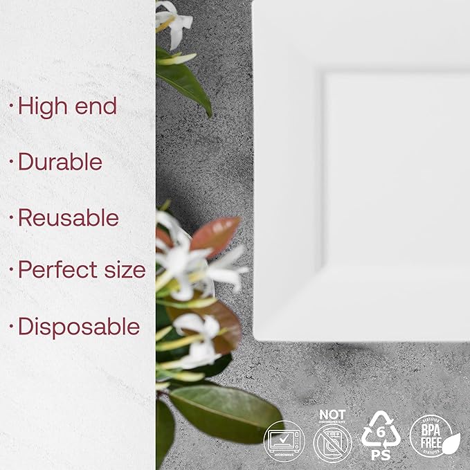 Smarty Had A Party 120 Disposable Plastic Dessert Plates, 8" Heavy Duty Square White Salad Plates for Appetizers and Buffets, Bulk Supplies for Events and all Occasions