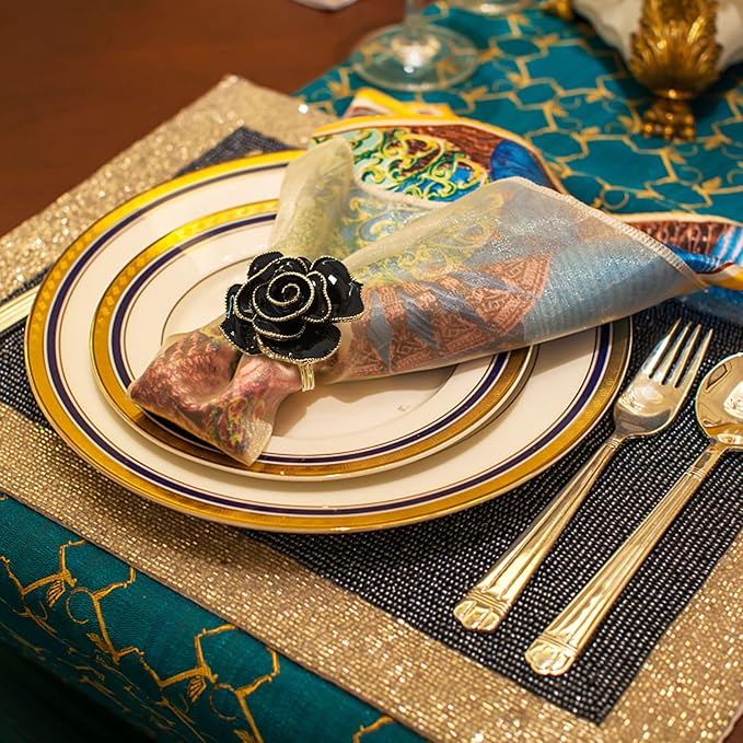 Black Napkin Rings Set of 6,Flower Rose Napkin Holder Rings Buckles,Bloom Napkin Holders Set for Table Decoration Wedding Valentine’s Christmas Easter Dinner Party
