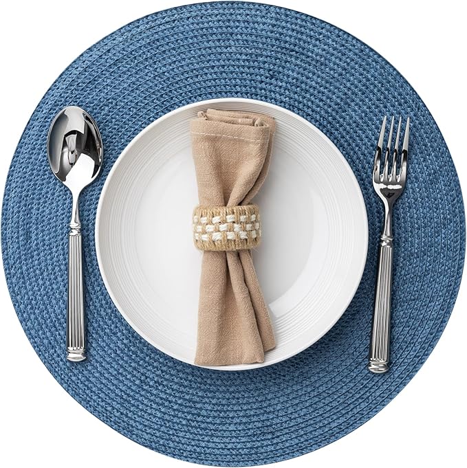 Round Placemats Set of 4 Plastic Woven Placemats Washable Wipeable Table Mats for Dining Table Heat Resistant Non-Slip Circle Place Mats (Royal Blue)