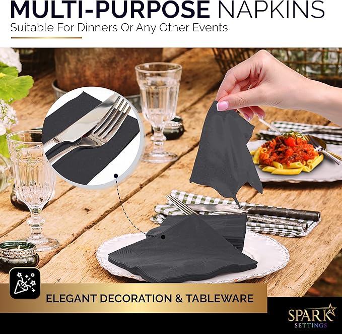 Big Party Pack 40 Count Black Dinner Napkins Tableware- Ideal for Wedding, Party, Birthday, Dinner, Lunch, Cocktails. (7” x 7”)