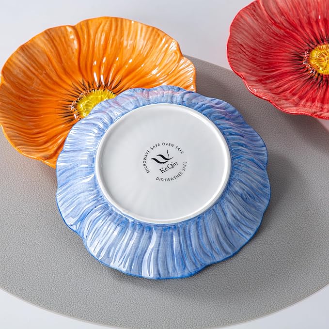 8-Inch Ceramic Dinner Plates, Set of 3 for Salad Dessert Appetizer Pasta | Decorative Plates for Home Decor, Jewelry Trays, Floral Design in Blue Pink Orange