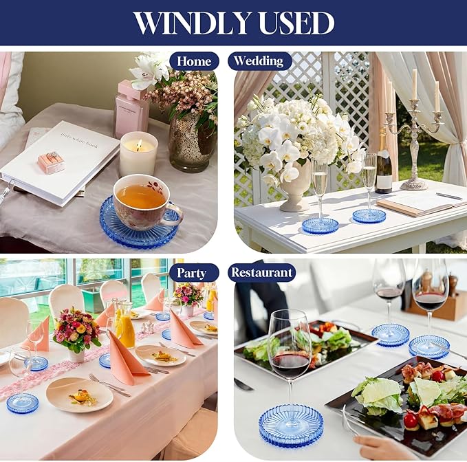Remerry 6 Pcs Clear Crystal Coaster Set with Holder Glass Coasters for Drinks 4 Inch Drinks Crystal Round Cup Coasters Coffee Table Decor for Office Kitchen Bar Restaurant Patio (Blue)