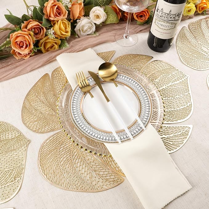 Evevda Gold Leaf Shaped Vinyl Placemats for Dinner Table Set of 4 Metallic Plastic Gold Place Mats Wipeable 6Pcs Table Mats for Wedding Annersary Dinner Table Decoration Mats