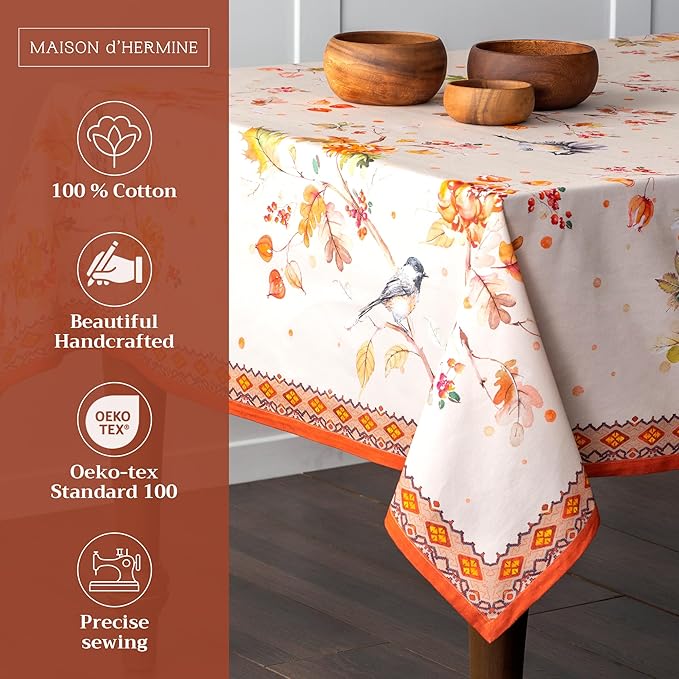 Maison d' Hermine Table Cloth Rectangle Table 100% Cotton 60 x 120 Inches Fall Tablecloth Reusable Everyday Use for Thanksgiving Christmas Decorations Dining Farmhouse Party (Kelim - Prairie)