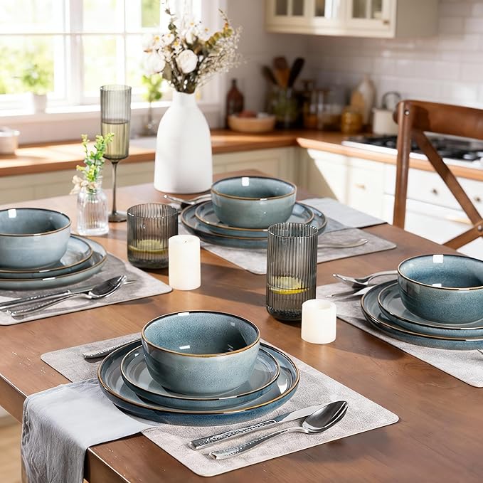 GBHOME Ceramic Dinnerware Sets for 8, 24 Pieces Stoneware Plates and Bowls Sets, Scratch Resistant Dishes, Dishwasher & Microwave Safe, Reactive Glaze-Space Blue