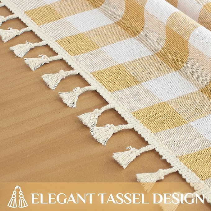 Softalker Checkered Tablecloth Square, Outdoor Linen Cotton Gingham Table Cloth with Tassel, Heavy Duty Wrinkle Free Buffalo Plaid Table Cover for Kitchen Dining Home Party - 55 x 55 Inch, Yellow