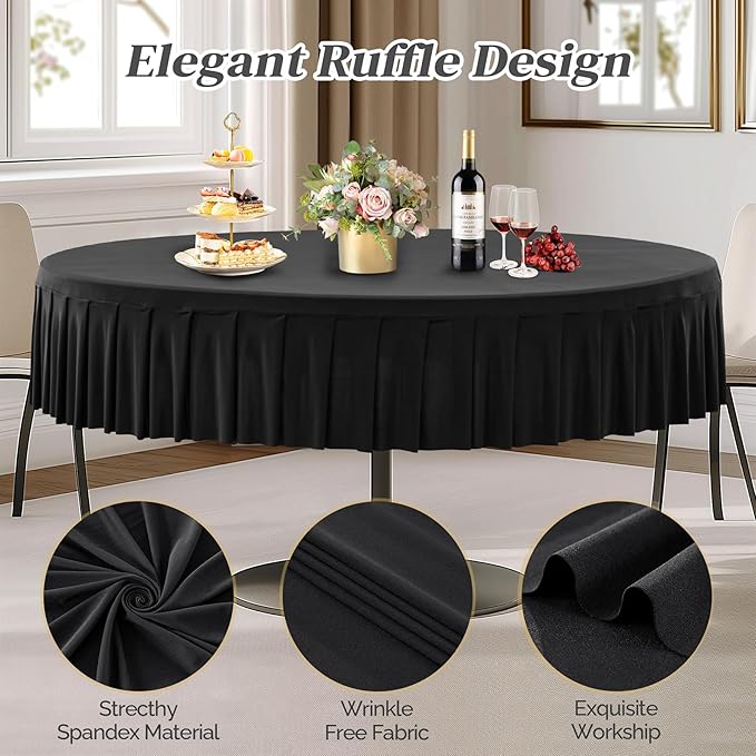 2 Pack Black Spandex Round Tablecloths for 72in Table, Stretchy Fitted 6FT Round Table Cloths, Wrinkle Free Table Cover with Skirt for Wedding Birthday Party Bridal Shower Banquet