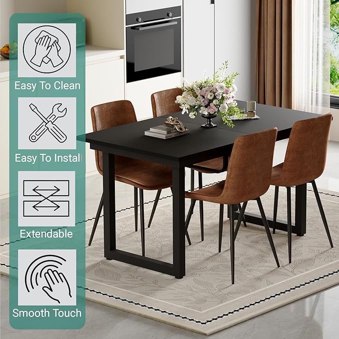 Extendable Dining Table Set for 6, 55"–71" Modern Black Kitchen Table with 6 Upholstered Chairs, Space-Saving for Living Room Apartment, Sturdy & Comfortable, Easy Assembly