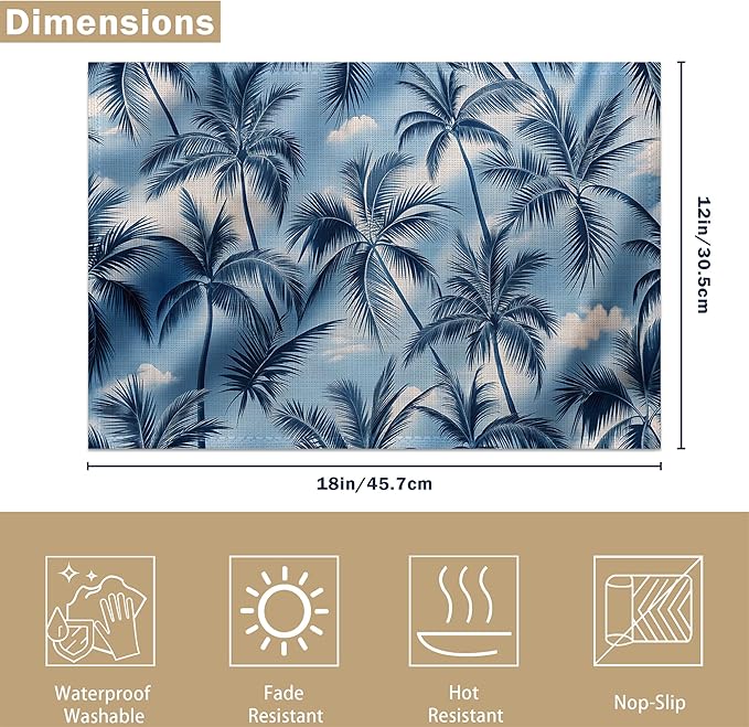 Placemats Set of 6 Tropical Palm Tree Place Mats Washable Kitchen Dining Linen Table Mats Stain Heat, for Home Party Indoor 12x18 in