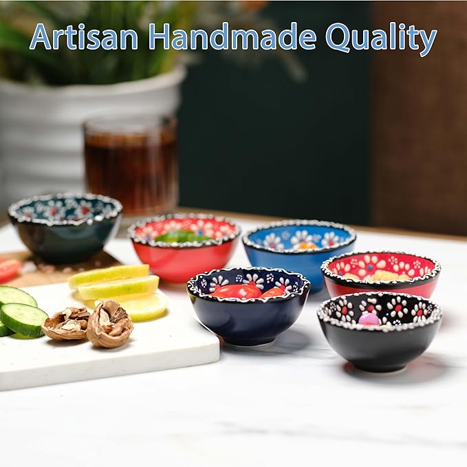 Ceramic Small Bowls, Dipping Bowls Set of 6, 3.5 Oz Soy Sauce Dish, Handmade Charcuterie Bowls, Colorful Pinch Bowls, Dishwasher & Microwave Safe Sauce Bowls, 3.2'' Mini Bowls (SULTAN'S GARDEN)