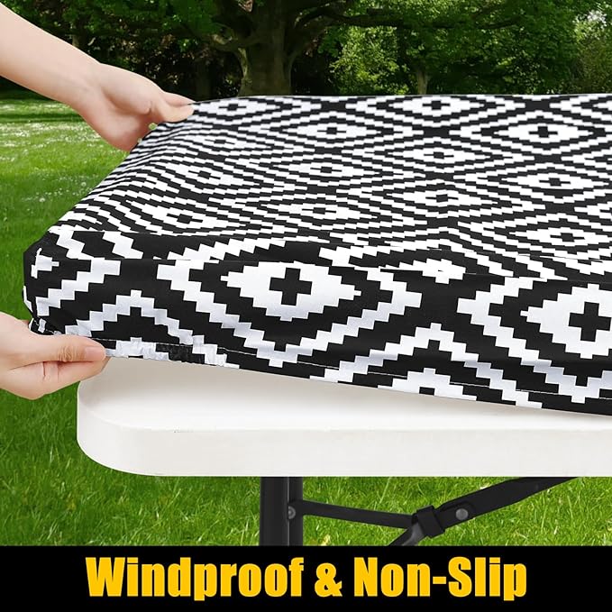 Smiry Rectangle Table Cloth Cover, Waterproof Elastic Fitted Picnic Tablecloth for 4 Foot Tables, Wipeable Flannel Backed Vinyl Tablecloths for Camping, Dining, Outdoor (Black, 24" x 48")