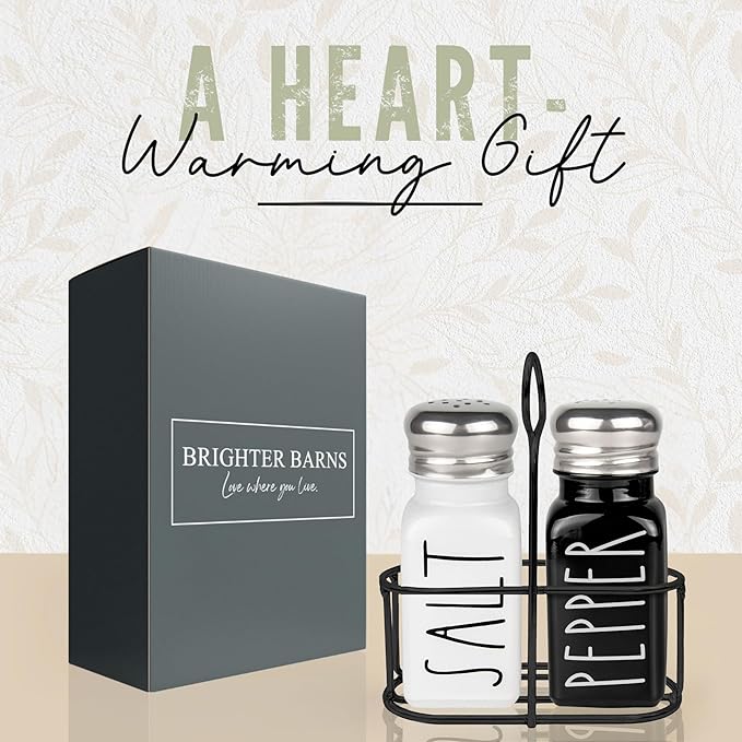 Salt and Pepper Shakers Set with Holder by Brighter Barns - Cute Modern Farmhouse Kitchen Decor, Table Decor - Vintage Glass Black White Shaker Set with Caddy and Stainless Steel Lids (Black/White)