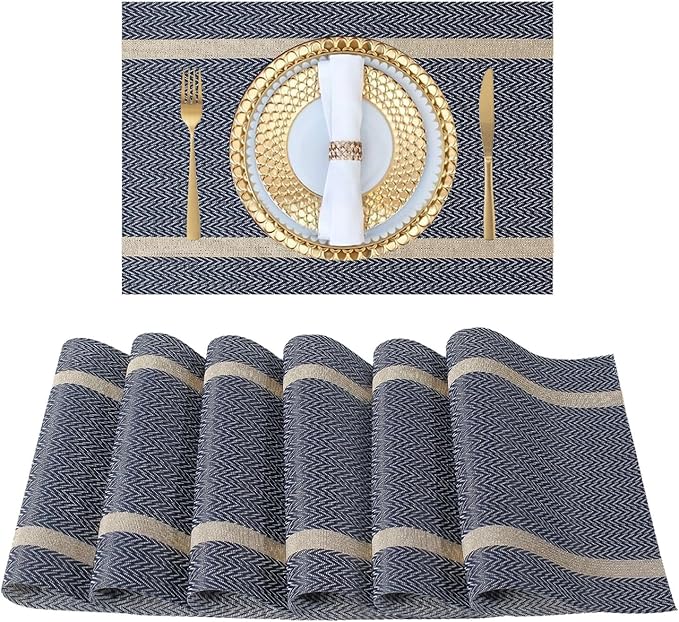 FAVE Placemats Set of 4 Blue Placemats Woven with Golden Thread Durable Wipeable Vinyl Placemats Table Mats Set of 4 for Wedding, Banquet, Birthday, Party, Restaurant Decorations(Blue, 12"x18"-4PCS)