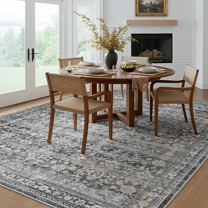 MontVoo-Vintage Area Rugs 8X10 Darkgrey Rugs for Living Room-Soft Distressed Printed Rugs for Bedroom-Non Slip Carpet-Machine Washable Rug for Dining Room Living Room Bedside Office