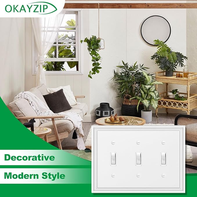 White Decorative Triple Toggle Light Switch Covers Wall Plate, Natural Material Switch Plate Covers - Modern Style (3 Gang Toggle 1 Pack)