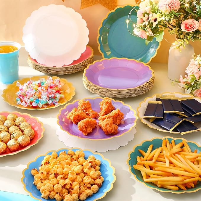 96 Pcs Boho Rainbow Paper Plates 9 Inch Colorful Scalloped Paper Plates Disposable Dinner Dessert for Birthday Wedding Bridal Party Supplies, 6 Colors