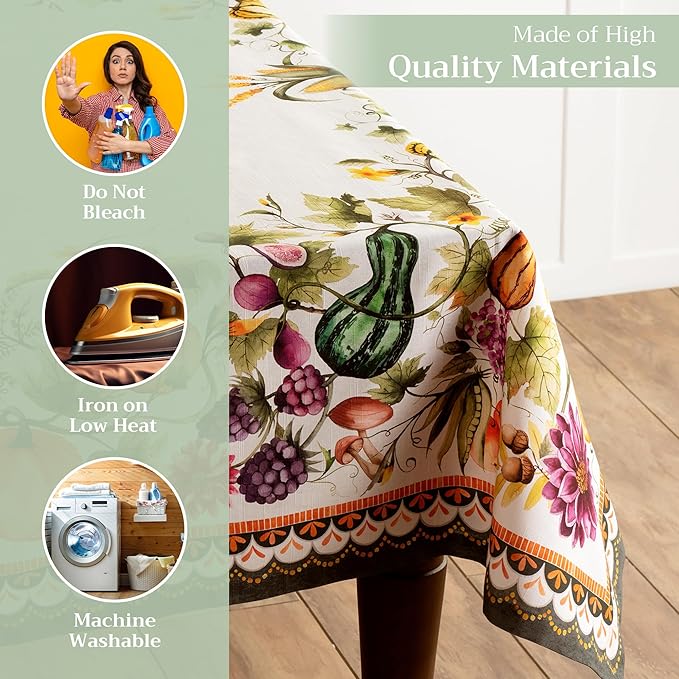 Maison d' Hermine Table Cloth Rectangle Table 100% Cotton 60 x 90 Inches Fall Tablecloth Reusable Everyday Use for Thanksgiving Christmas Decorations Dining Farmhouse (Pumpkin Garden - Cloudy Cream)