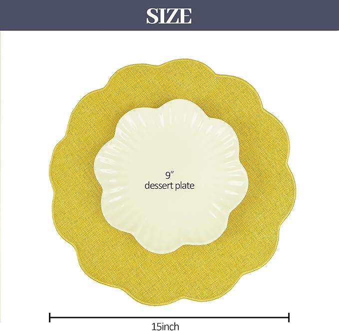 AHHFSMEI Round Faux Linen Placemats Set of 4 Waterproof Table Mats Heat Resistant Non-Slip and Stain Proof for Kitchen Dining Elegant Decor (Yellow,4)