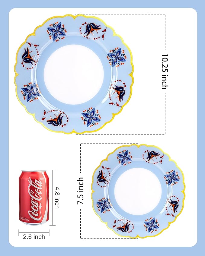 Morejoy 60Pcs Plastic Disposable Plates Set - Blue Plastic Plates Featuring Blue & Orange Floral Design With Gradient Gold Rim. Includes 30 Dinner Plates & 30 Dessert Plates, Perfect for Wedding,Party