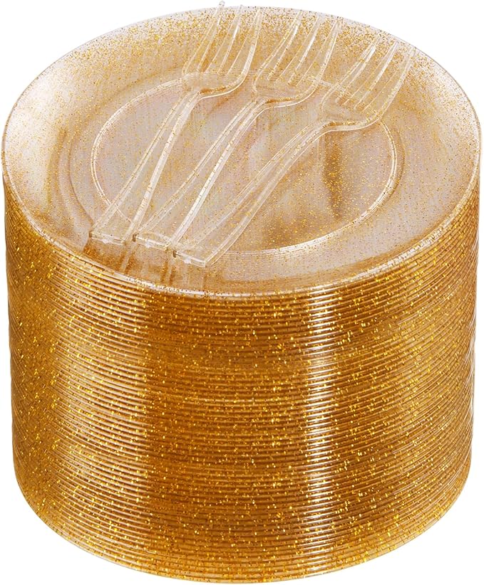 Festiva 200Pcs Gold Glitter Dessert Plates 6.3" with Forks 5"-Small Plastic Dessert/Cake/Appetizer Plates Disposable for 100 Guests Easter Party &Wedding& Birthday&New Year