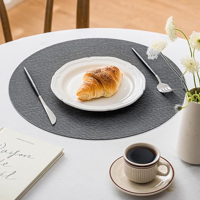 Jovono 15" Faux Leather Big Round Placemats Set of 8 - Washable Heat Resistant Non-Slip Dining Table Mats with Fabric Texture for Kitchen Home Party Decor, Gray