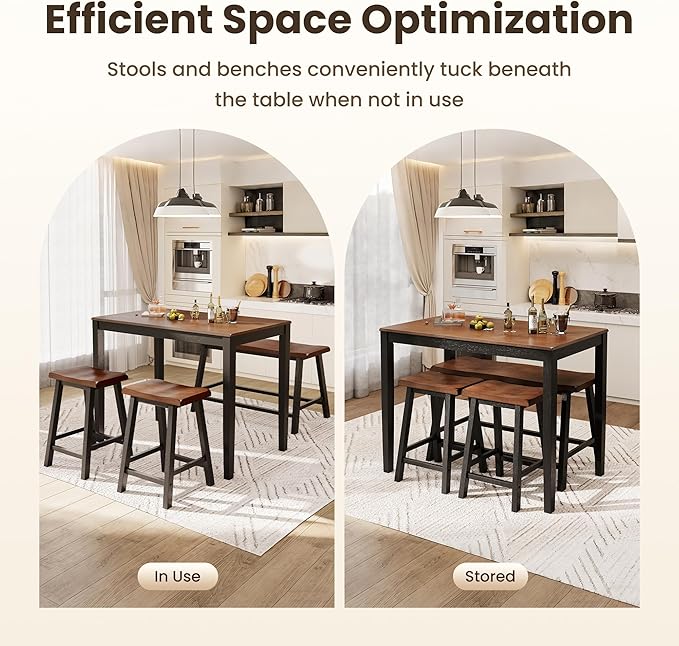 PHI VILLA Kitchen Table with Bench and Chairs, Counter Height Table and Chairs, Solid Wood Small Dining Table Set for 4, High Top Kitchen Table Chairs Set of 4, Walnut with Black