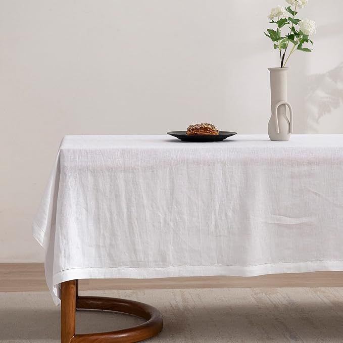 EVERLY Pure Linen Hemstitch Tablecloth,100% Stonewashed French Linen tablecloths for Kitchen Dining Rectangle Tables,60x84Inch Machine Washable Christmas Thanksgiving Organic Tablecloth-White