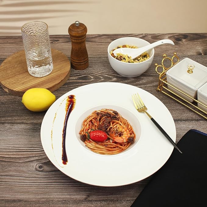 Ceramics Rimmed Soup Bowls 8.6 oz, White 11 inch Exquisite small soup plate Set of 4, Pasta plates With Rim is the best choice for hotels, kitchens, fine restaurants and gourmets