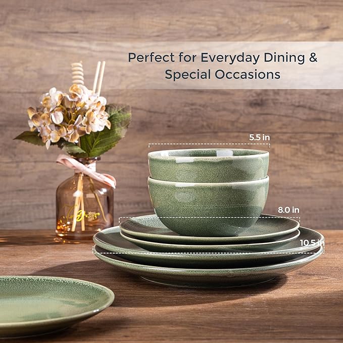 AmorArc Ceramic Dinnerware Sets for 4, 12 Pieces Handpainted Plates and Bowls Set, Scratch Resistant Stoneware Dishes Set, Dishwasher & Microwave Safe, Jade Green