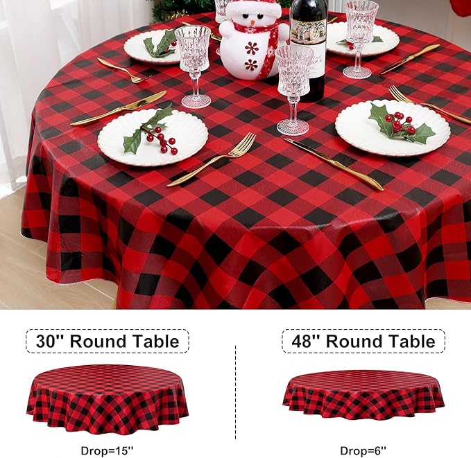 misaya Round Waterproof Vinyl Table Cloth, Buffalo Flannel Backed Tablecloth, Wipeable Plastic Table Cover for Christmas (60", Red and Black)
