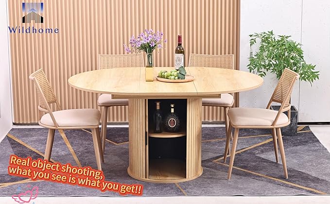 Extendable Round/Oval Dining Table Seats 2-4-6, 59" Modern Farmhouse Design with 2-Tier Storage & Fluted Slide Door, Dining Room Kitchen Furniture (Oak, 59 inches)