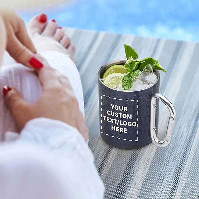 Custom Stainless Steel Mugs with Carabiner Handle 10 oz. Set of 100, Personalized Bulk Pack - Perfect for Coffee, Soda, Other Hot & Cold Beverages - Navy Blue