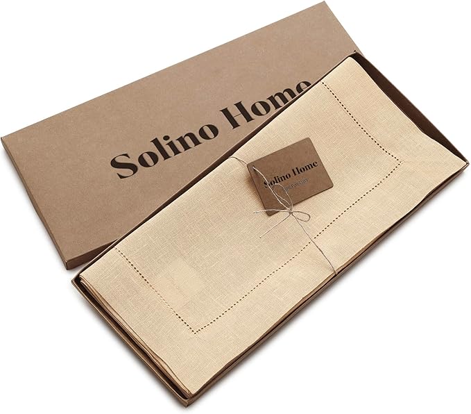 Solino Home Linen Beige Table Runner 90 Inches Long - 100% Pure Linen 14 x 90 Inch Table Runner for Spring, Easter - Classic Hemstitch