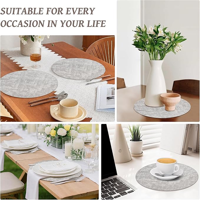 13" Round Placemats Set of 6, Reversible Faux Leather Heat Resistant Table Mats, Waterproof Oilproof Wipeable Table Protective Placemats for Vinyl, Washable for Indoor & Outdoor Use (6, Light Grey)