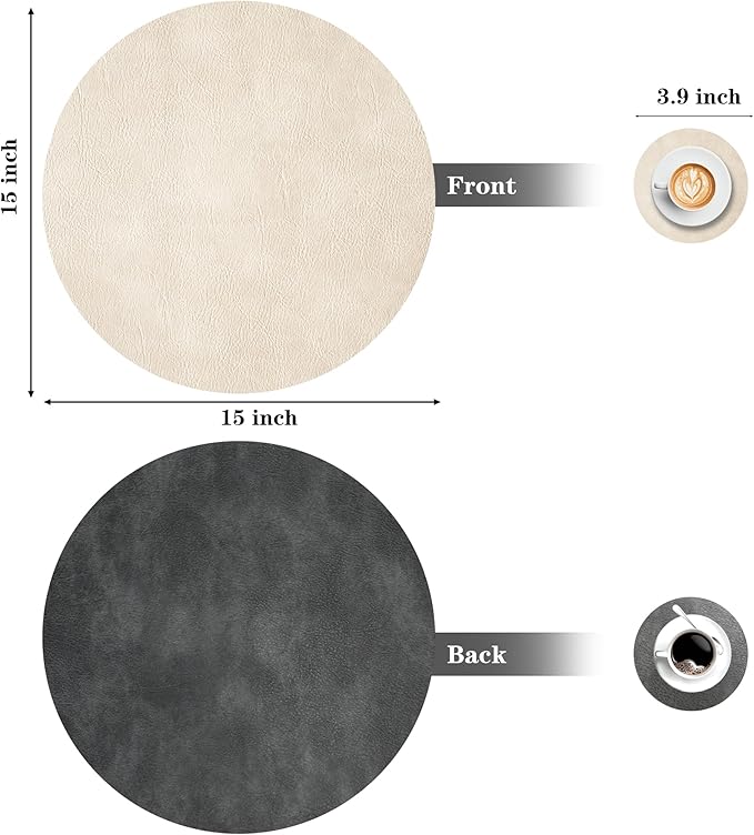 Round Placemats and Coasters Set of 6, Washable Reversible Faux Leather Placemats Cowhide Pattern Place Mats Wipeable Non-Slip 15 inch Round Kitchen Dining Table Mats (Gray Beige, 6)