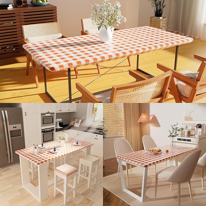 Smiry Rectangle Picnic Table Cloth, Elastic Waterproof Fitted Vinyl Tablecloths, Flannel Backed Buffalo Plaid Table Covers for Dining, Camping, Outdoor, Thanksgiving (White and Orange, 30" x 48")