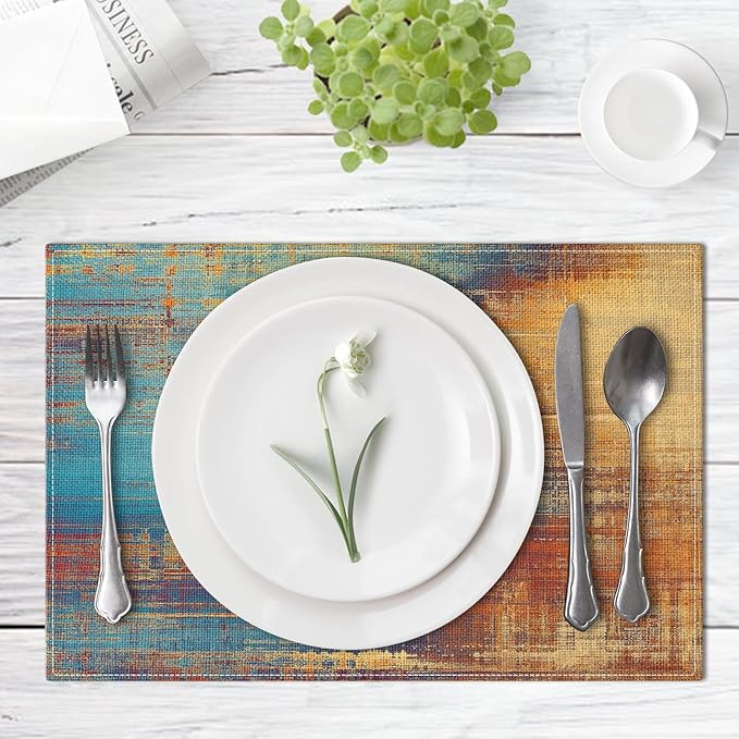 Emvency Farmhouse Placemats Set of 4, 12x18 Inch Blue and Orange Vintage Abstract Messy Rust Painting Table Mats for Outdoor Home Party Kitchen Dining Decoration
