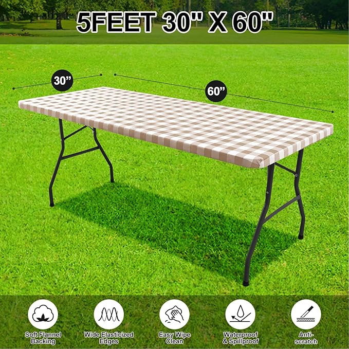Smiry Rectangle Picnic Table Cloth, Elastic Waterproof Fitted Vinyl Tablecloths, Flannel Backed Buffalo Plaid Table Covers for Dining, Camping, Outdoor (White and Khaki, 30" x 60")