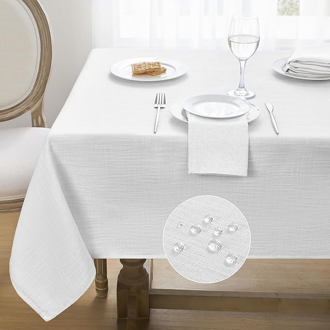Softalker Linen Textured Rectangle Tablecloth, Waterproof Wipeable Farmhouse Burlap Table Cloth, Stain Resistant Wrinkle Free Table Covers for Kitchen Dining Holiday Party (60 x 104, White)