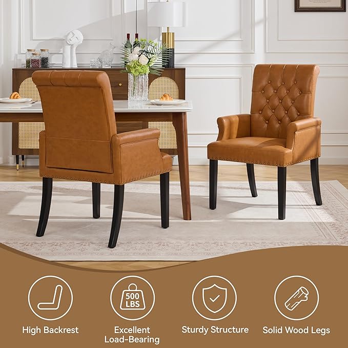 PU Leather Dining Chair with Arms, Upholstered Tufted High Back Dining Room Chairs, Accent Armchair with Solid Wood Leg and Nailhead Trim, Kitchen Dining Living Room, Brown