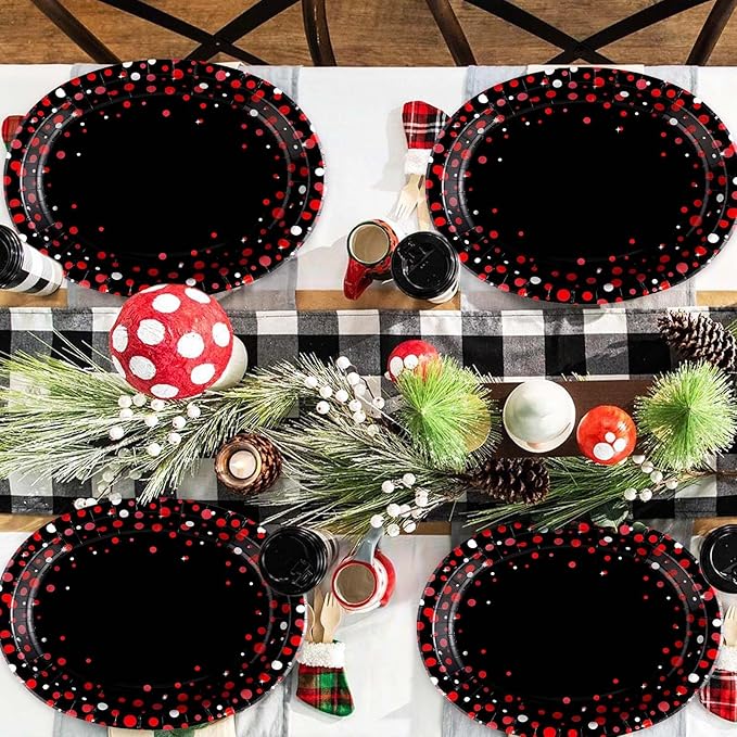50 Pcs Black and Red Oval Plates 10" x 12" Large Red Dot on Black Party Plates Disposable Heavy Duty Valentine's Day Paper Plate for Valentines Day Fiesta Congrats Wedding Birthday Party Decorations