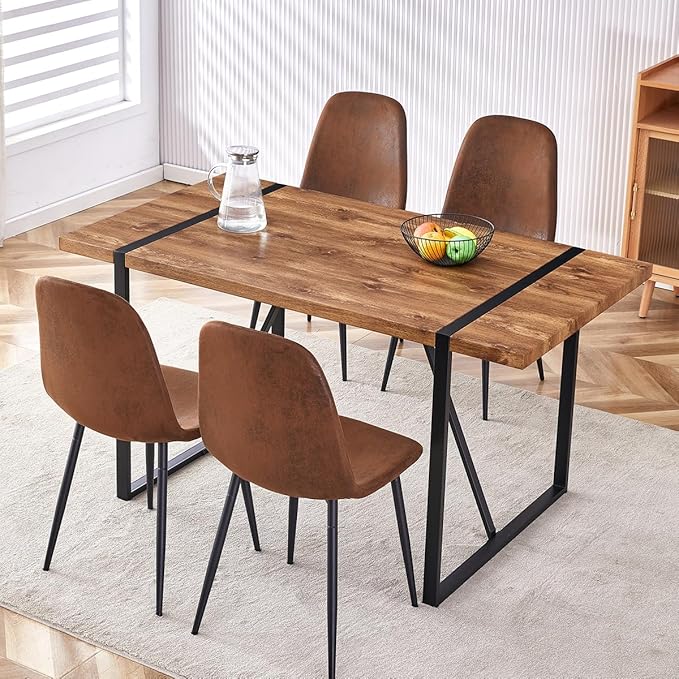Dining Table Set for 4, Modern 55'' Dark Wood Dining Table wth Fabric Dining Chairs 4,Table and Chairs Set of 4,Ideal for Kitchen Dining Room