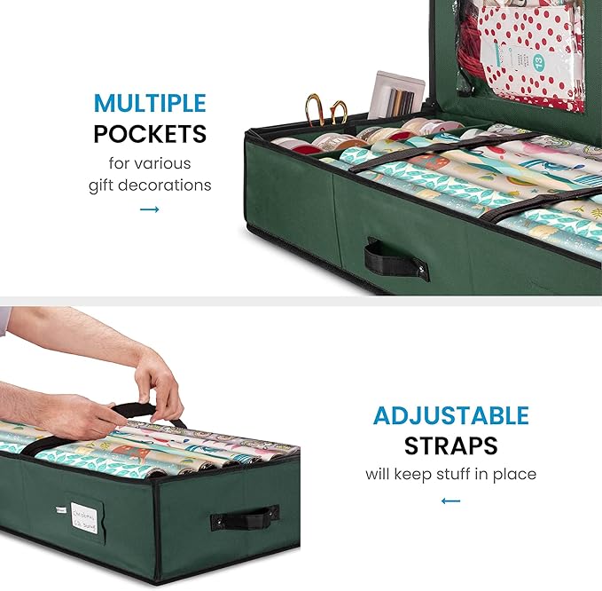 ZOBER Gift Wrapping Paper Organizer Storage - 40" Gift Wrap Storage Containers with Interior Pockets for Bows, Tags & Ribbons - Wrapping Paper Holder, 600D Oxford, Fits 24 Standard Rolls, Green/Black