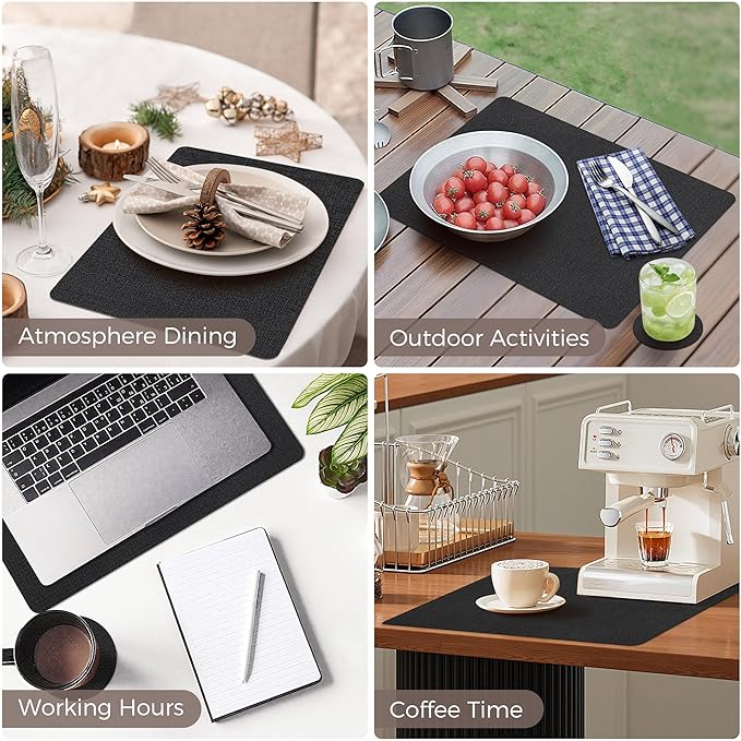 Vinyl Placemats Set of 12, Faux Leather Waterproof and Heat Resistant Place Mats, Washable Anti-Slip Table Mats with Coaster, Wipeable Placemats for Indoor & Outdoor 17" x 12" (Black, Set of 12)