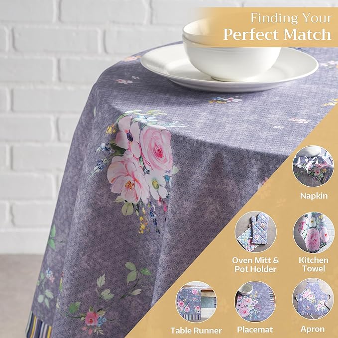 Maison d' Hermine Table Cloth Round Table 100% Cotton 63 Round Inches Tablecloth Reusable Decorative for Dining Room Home Valentines Day Decorations Spring Summer- Sweet Rose Lavender - Country Garden